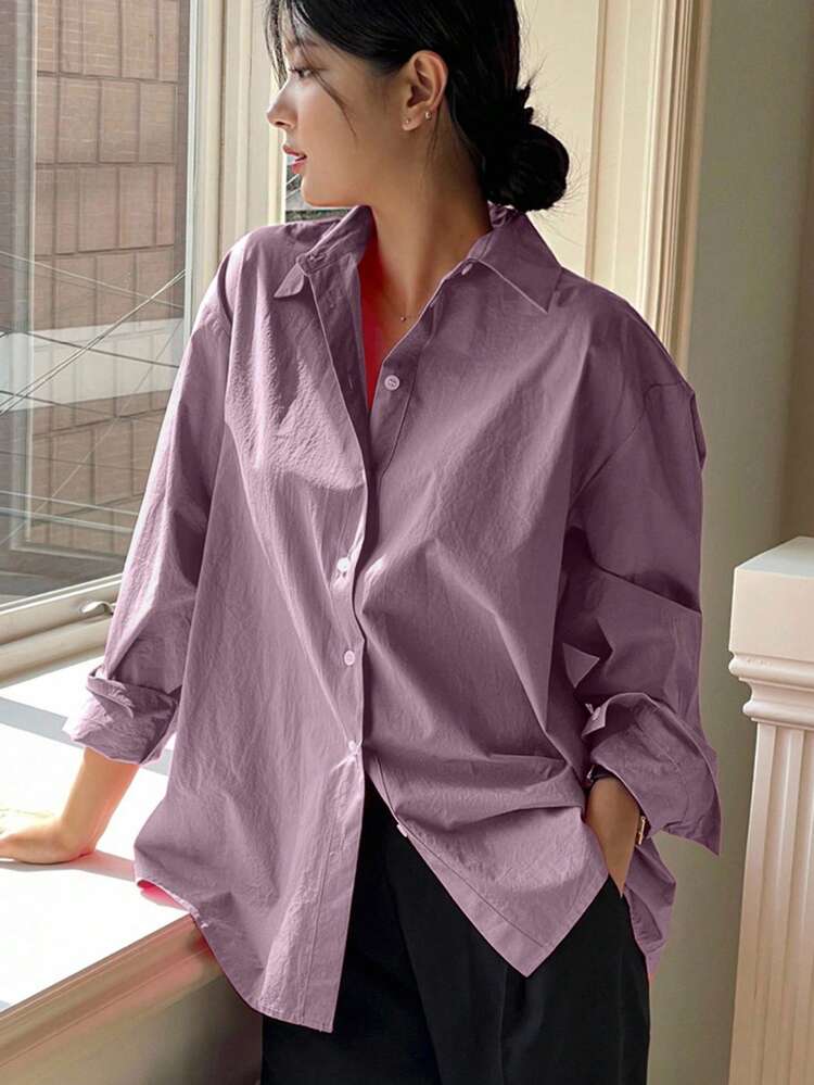 Women's 100% Cotton Casual Loose Drop Shoulder Solid Color Long Sleeve Shirt, Minimalist Daily Wear