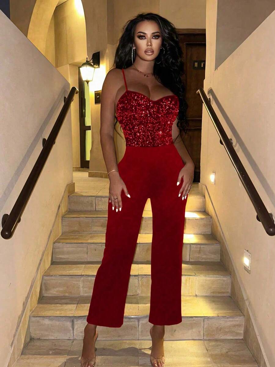 Zolique 女士吊带露背直筒亮片连体裤 - 酒紅色 - 查看 1