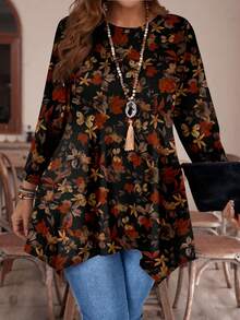 EMERY ROSE Kaos Lengan Panjang Longgar Kasual Minimalis Motif Daun Vintage, Cocok untuk Musim Gugur/Musim Dingin, Ukuran Besar - MultiWarna - View 1