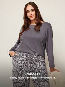 LUVLETTE Autumn And Winter Women Plus Purple Soft Cotton Basic Long T-Shirt & Patterned Pants Loungewear Pajama Set For Women Pants With Pockets Lingerie As Outerwear Lounge Sets Fall Pajamas - Dark Grey - View 6