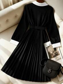 GlowEve CURVE Regalyn 大码女士经典黑白撞色长袖衬衫裙 - 通勤百搭 - 黑與白 - 查看 2