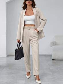 EMERY ROSE Damen Anzug-Set mit langärmeliger, offener Blazer Einfarbig und Falten-Taschen-Hose, elegantes Business-Outfit für Frühling Herbst, Beige - Aprikosenfarben - Übersicht 6