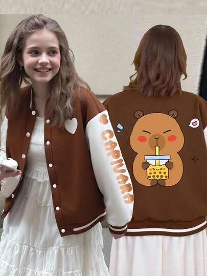 SHEIN Tween Girls' Casual All-Match Versatile School Daily Home Cartoon Capybara Pattern Patchwork Baseball Jacket With Fleece Lining, Autumn/Winter Fall