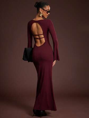 L'Amorae Soft Knit Flowy Adjustable Open Back Long Sleeve Maxi Dress