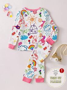 1 set Pijama ajustado con estampado de graffiti de crayones de dibujos animados para niñas jóvenes, con top de manga larga y pantalones, para primavera/otoño - Rosa - Ver 2