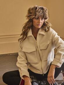 Aralina Áo khoác len pha khóa kéo ngắn có túi nắp phía trước, cổ bẻ, áo khoác ngoài cổ điển đường phố - Màu be - Xem 12