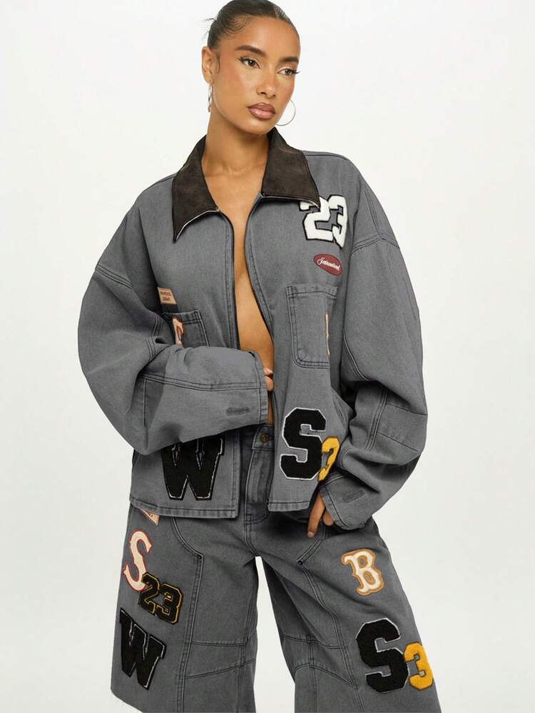 SUMWON Giacca da carpentiere in denim oversize con dettagli di patch e colletto a contrasto per strati autunnali e invernali