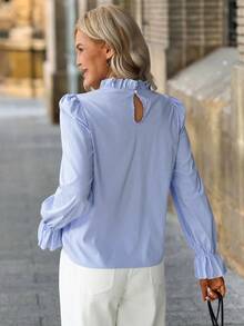 SHEIN Clasi Elegante Damenbluse mit blau-weißen Streifen und Mandarin-Kragen, Rüschenärmeln im französischen Stil, langärmliges vielseitiges Herbst-Büro-Basisshirt - Blau - Übersicht 2