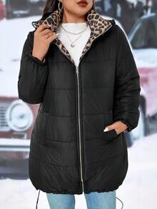 EMERY ROSE Plus Size Casual Hooded Reversible Black & Leopard Print Mid-Length Padded Coat - Multicolor - View 3