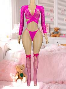 PetitDoll PetitDoll 4pcs Set Women's Sexy Lingerie, Includes Mesh Bodysuit And Stockings, Magenta Neon Pink Lingerie Set Pink Fishnet Lingerie Fishnet Stockings Hot Pink Lingerie Set