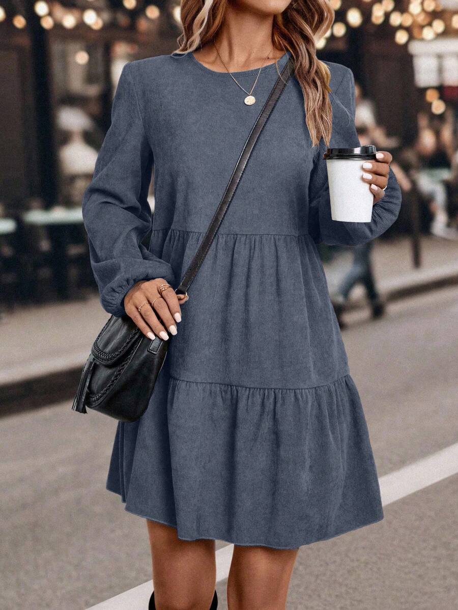 SHEIN LUNE Váy tay đèn lồng màu trơn đơn giản đi làm - Màu xanh lam - Xem 1