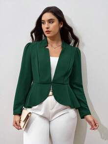 Chikora Plus Notched Detail Ruffle Hem Blazer,Business Casual Woman In Fall/Winter - Dark Green - View 5