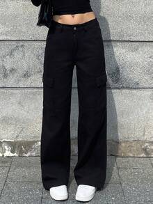 DAZY Pantaloni cargo vintage mimetici americani, vestibilità dritta e ampia, pantaloni casual lavati con tasche multiple per donne jeans - nero - Visualizzare 3