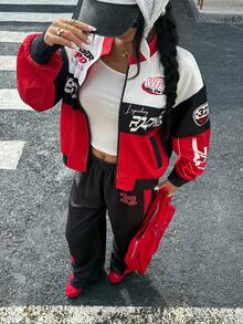 SHEIN ChillGRL 2 Stücke/Set Romweezy Teenager Mädchen Schwarz & Rot Kontrast Farbe Stehkragen Kurze Strickjacke kombiniert mit weiter Hose, Zahlen & Englische Buchstaben Grafik Muster, Seitentaschen, normale Dicke, geeignet für Lässig, Pendeln, Sport, Frühling & Herbst Urlaub