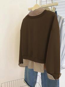 INAWLY Women's Casual Striped Patchwork Slogan Embroidered Sweatshirt, Autumn - Mocha Brown - View 2