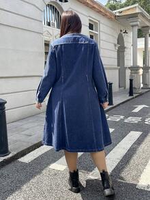 SHEIN EZwear Vestido vaquero de manga larga azul ajustado sin estiramiento de talla grande, para invierno - Azul lavado oscuro - Ver 2