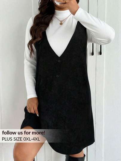 SHEIN Frenchy Women Plus Size Solid Color Stand Collar Long Sleeve T-Shirt And Casual Bib Dress 2-Piece Set, Autumn