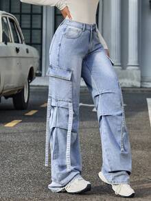 SHEIN Tall 女士休闲水洗阔腿工装牛仔裤 - 藍色 - 查看 3