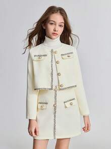 Ontre Tween Girl Lace Patchwork Jacket And Skirt Casual Elegant 2-Piece Set Fall Winter