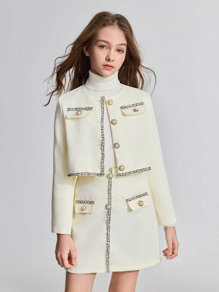 Tween Girl Lace Patchwork Jacket And Skirt Casual Elegant 2-Piece Set Fall Winter