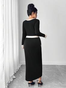 Elenzga Robe élégante et pour femmes avec col rond, manches longues et ourlet fendu en couleurs contrastées - Multicolore - Voir 2