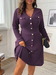 Vionelle Plus Size V-Neck Long Sleeve Cinched Waist A-Line Midi Dress,Dark Purple,Autumn,Elegant,Formal Solid Color Ribbed Button Violet Dress - Purple - View 5