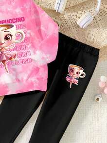秋冬季少女休闲时尚创意个性化清新可爱卡哇伊杯芭蕾少女图案印花宽松圆领卫衣和打底裤套装，舒适温暖的秋冬款式 - 彩色 - 查看 4