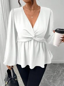 Firerie Plus Size Green Casual Simple Twist Front A-Line Long Sleeve Shirt, Spring Fall - White - View 8