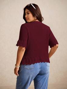 Elaquor 大码休闲纯色短袖开衫系带上衣加大码女式秋冬装 - 酒紅色 - 查看 3