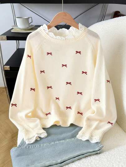 SHEIN Áo len chui đầu kiểu dáng thường ngày cho bé gái tuổi teen, áo len chui đầu tay raglan rộng rãi, thêu ren hình trái tim trang nhã, chất liệu mềm mại, dày dặn, ấm áp, thích hợp cho mùa thu/đông, Giáng sinh, lễ hội, mùa thu và mùa đông, mang lại sự thoải mái dễ chịu, có thể mặc nhiều lớp trong mùa thu và mùa đông, rất thời trang.