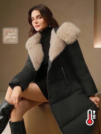 Anewsta Palton negru matlasat, de lungime medie, cu guler din blană artificială, pentru femei, la modă, casual, cu fermoar