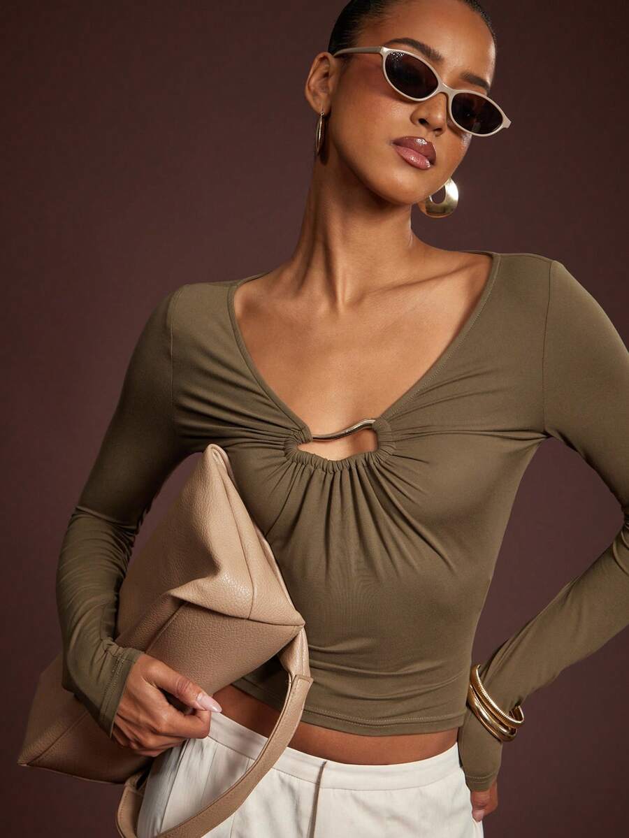 L'Amorae Women's Long Sleeve Top With Metal Decor Button - Green - View 1