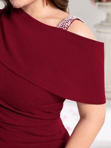 Coutiva Plus Size Women Rhinestone Decor Ruched Oblique Shoulder Short Sleeve Formal Evening Gown - Redwood - View 6