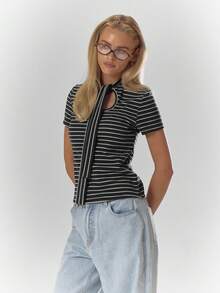 MUSERA ملابس علوية كم قصير مطابق مع تفاصيل ربطة عنق مخططة، دافئ وجذاب للاستخدام اليومي، مناسب لحفلات والأعياد والمناسبات