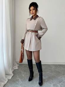 SHEIN PETITE 女士优雅奢华时尚厚外套，不含腰带 - 淺灰色 - 查看 8