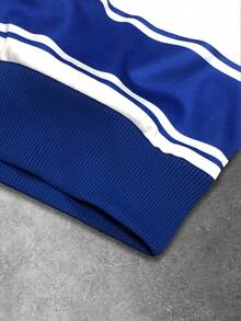 ROMWE MEN Prep Men's Letter & Striped Long Sleeve Casual Loose Hoodie Sweatshirt - Blue - View 4