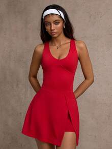 Dewbera Sovereign Charm The 2 In 1 Anti-Exposure Casual Elegant Golf Tennis Dress, Sleeveless Everyday Basic New Stylish Waist-Tie Advanced Slimming Sexy Figure-Flattering College-Style Beautiful Back Tight-Fitting Sports Fitness Tie-Waist Yoga Dress - Red - View 4