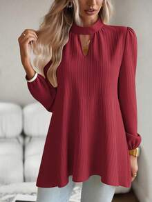 SHEIN Clasi Keyhole Neckline Lantern Sleeve Ruffle Hem Blouse Peplum Top Fall Cloth For Women - Burgundy - View 6