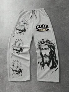 ROMWE MEN Calça de Moletom Masculina de Ajuste Folgado com Estampa em Inglês do Coração de Jesus, Calça de Moletom Casual Confortável de Perna Reta para Esportes