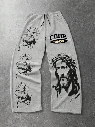 Pantalones de chándal holgados para hombre con estampado en inglés del corazón de Jesús, pantalones de chándal rectos cómodos y casuales