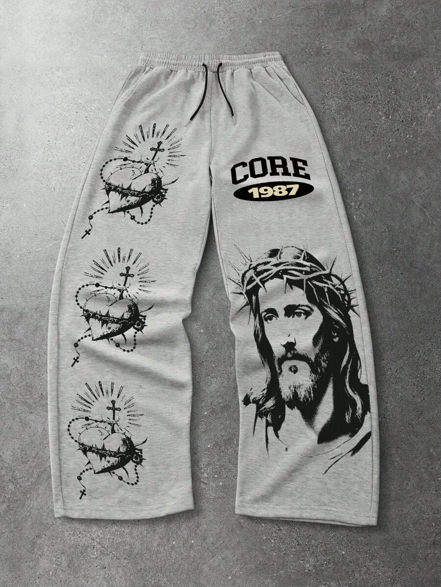 ROMWE MEN Calça de Moletom Masculina de Ajuste Folgado com Estampa em Inglês do Coração de Jesus, Calça de Moletom Casual Confortável de Perna Reta para Esportes