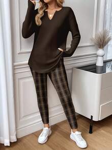 SHEIN LUNE 2件套女士格子撞色长袖T恤和修身打底裤，秋冬季 - 彩色 - 查看 4