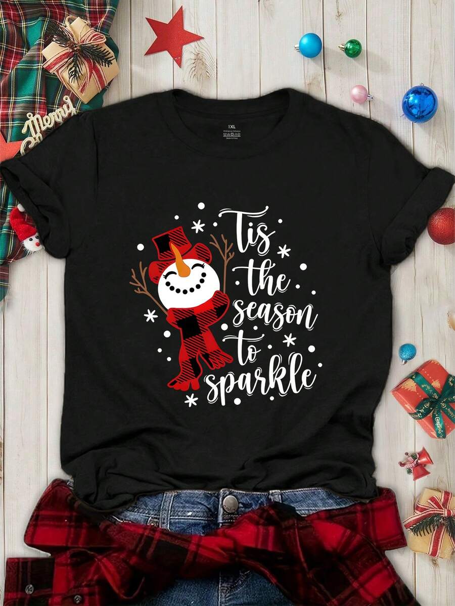 EMERY ROSE Damen Große Größen Lustiger Schneemann T-Shirt, Lustiges Weihnachts T-Shirt - Schwarz - Übersicht 1