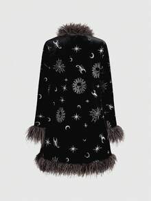 ROMWE Hippie Women's Moon & Star Sequin Embroidered Faux Fur Jacket - Black - View 2