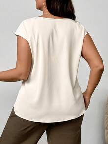 Firerie Plus Size Women Minimalist Elegant Commute Solid Color Covered Sleeve Pleated Round Neck Fitted Short Sleeve Blouse - Apricot - View 2