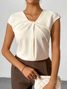 Firerie Plus Size Women Minimalist Elegant Commute Solid Color Covered Sleeve Pleated Round Neck Fitted Short Sleeve Blouse - Apricot - View 4