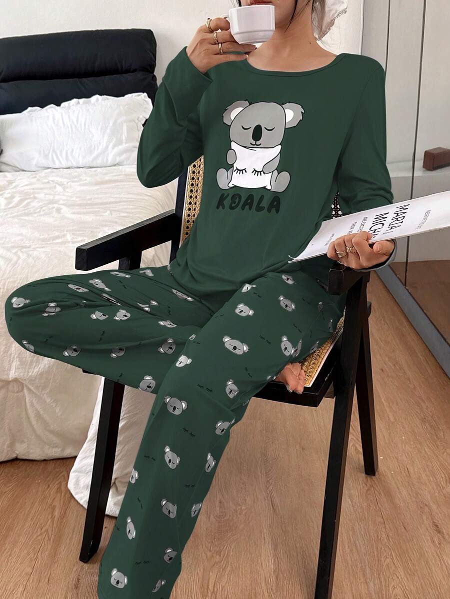 Koala Print Long Sleeve Top And Long Pants Pajama Set, Fall & Winter Clothes - Green - View 1