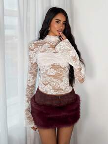 TRNVIE 1件棕色冬季假日仿毛皮拼接扎染PU拉链修身低腰复古性感女式迷你裙 - 酒紅色 - 查看 5