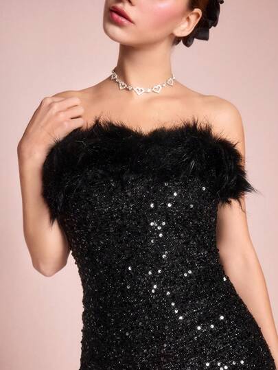 ROMWE Avant Elegant Fur Collar Sequin Embellished Bodycon Mini Dress, Sexy Party Gown