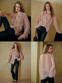 MOTF STUDIO Blusa holgada y elegante con aplicaciones de encaje, volantes y transparencias - Marrón - Ver 7